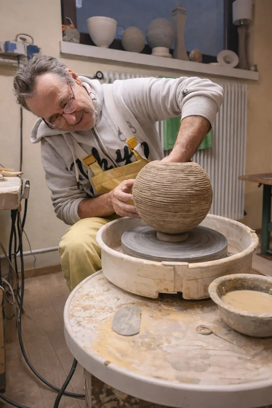 Künstler Thomas Metzler formt eine Urne aus Ton an der Töpferscheibe